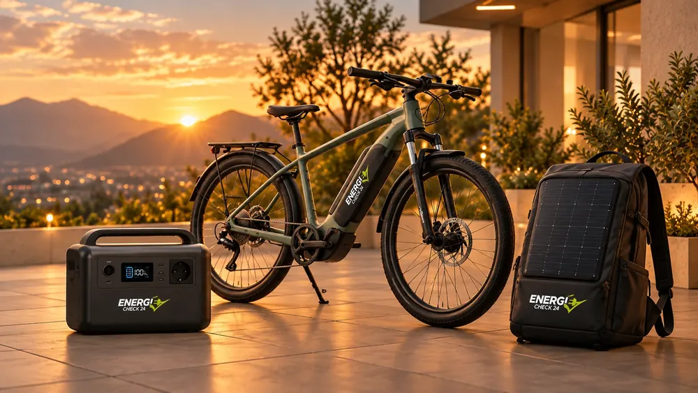 E-Bike mit Solar-Rucksack und mobiler Batterie fuer nachhaltige Mobilitaet