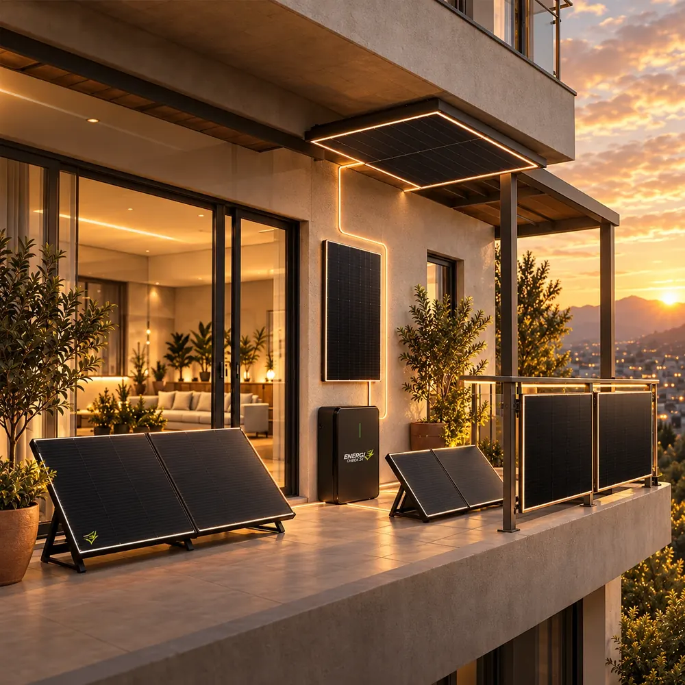 Solarmodule für Balkon, Wand, Terrasse und mobile Nutzung an einem modernen Wohnhaus bei Sonnenuntergang